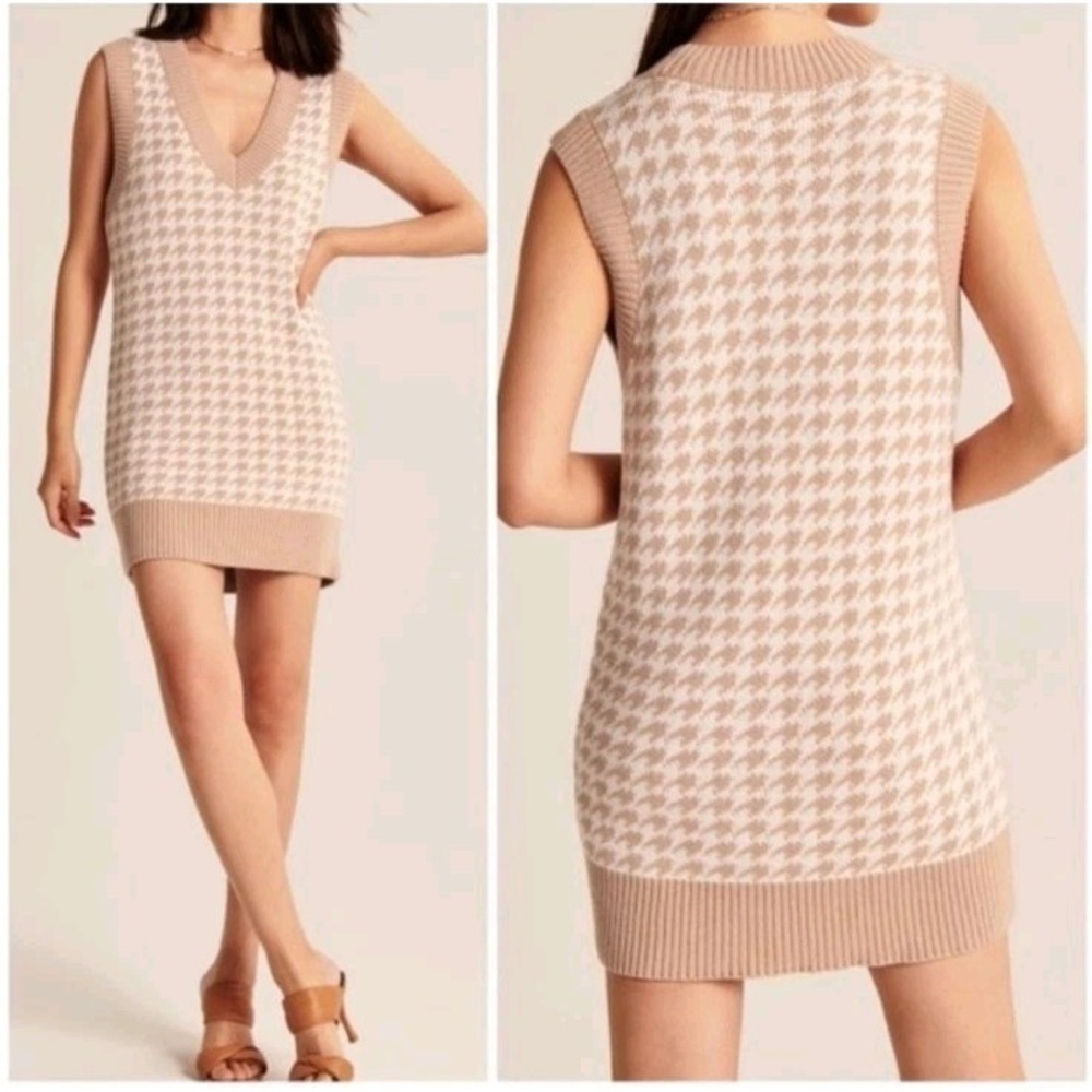 Abercrombie & Fitch Tan White Houndstooth Sweater Vest Mini Dress Size Medium